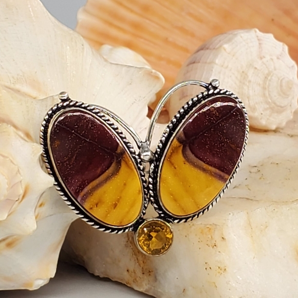 Natural Mookait Stones Silver Butterfly Ring - Picture 1 of 6